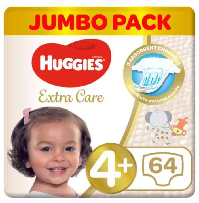 HUGGIES EXTRA CARE SIZE (4+) JUMBO PACK 64 DIAPERS