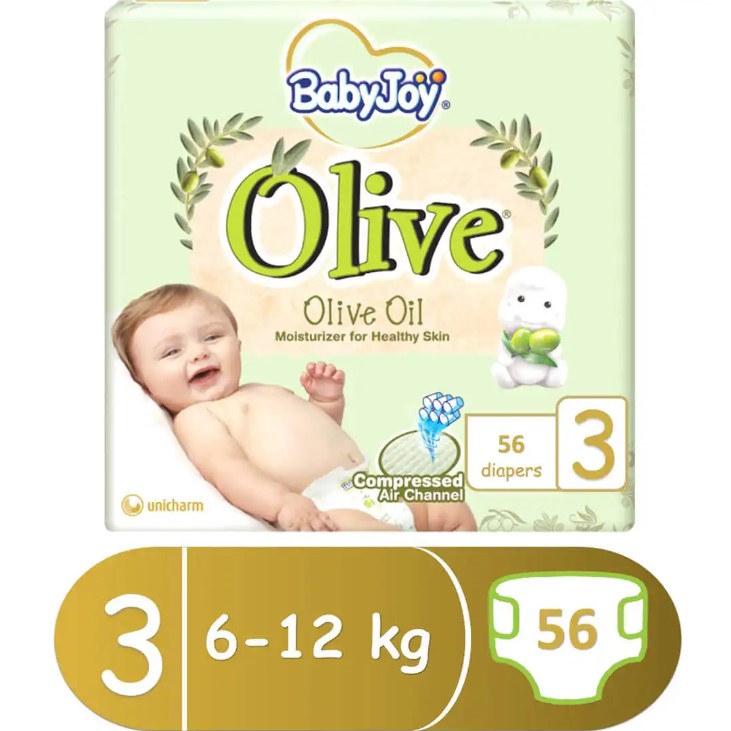 BABYJOY OLIVE Diaper, Size 3 Medium, Mega Pack, 6-12 KG, Count 56