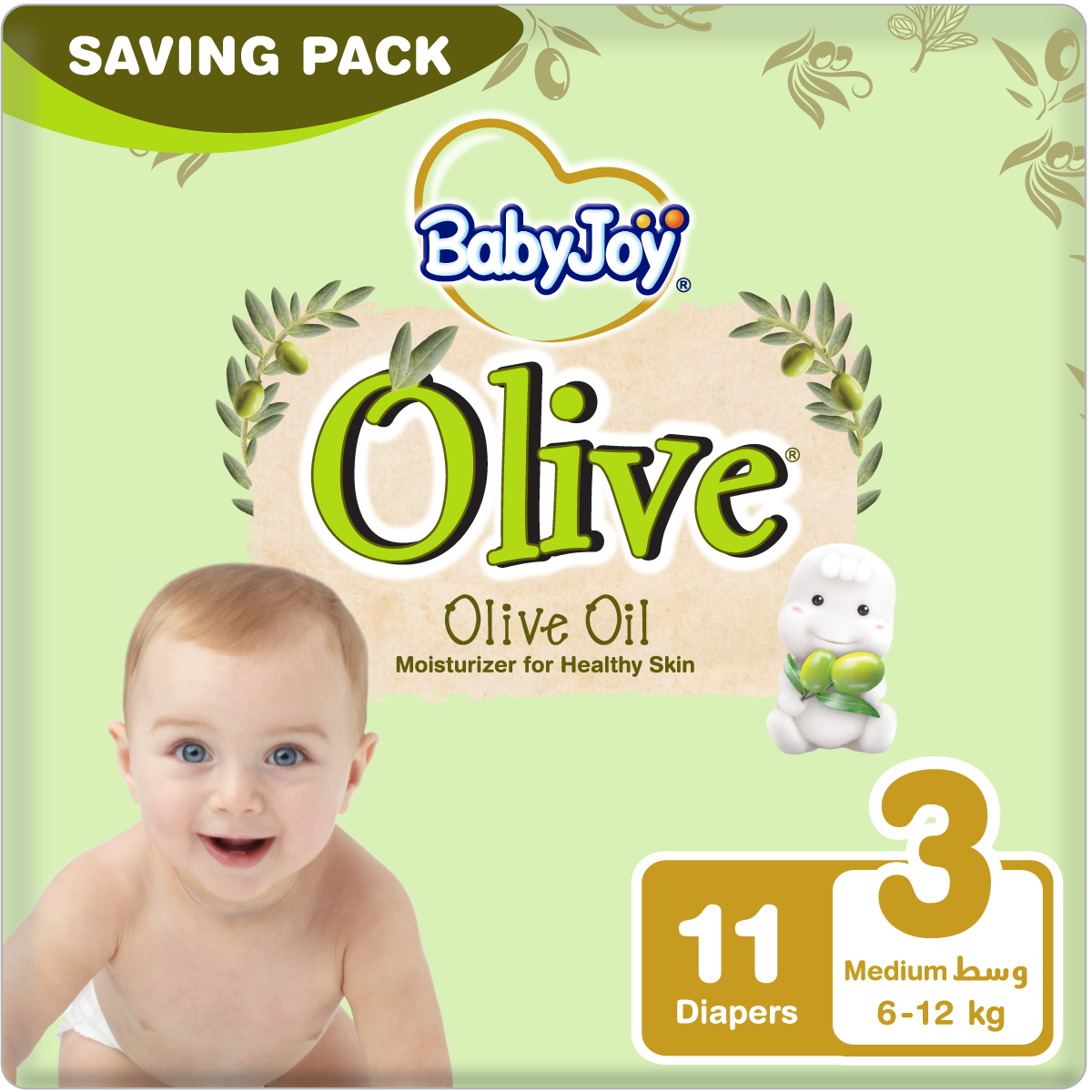 BABYJOY OLIVE Diapers, Size 3 Medium, Saving Pack, 6-12 KG, Count 11