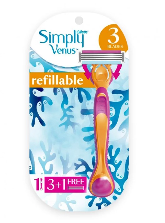 GILLETTE SIMPLEY VENUS3 RAZOR HYBRID 1 RAZOR + 4 REFILL BLADES