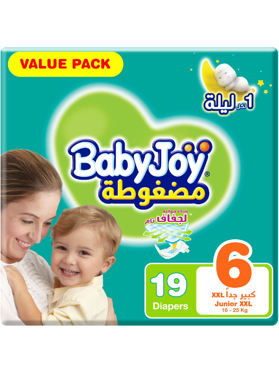 BabyJoy Compressed Tape Diaper, Size 6 Junior XXL, Value Pack, 16-25 KG, Count 19