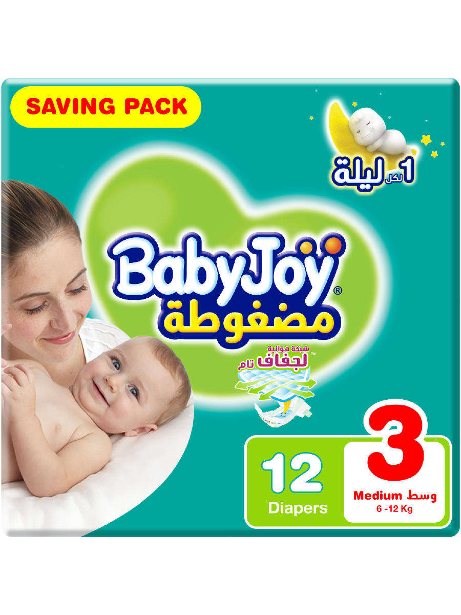 BabyJoy Compressed Tape Diaper, Size 3 Medium, Saving Pack, Up to 6-12 KG, Count 12